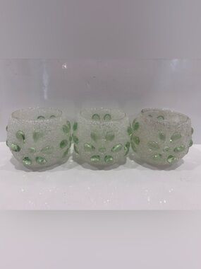 Set of 3 handblown art glass frosted green bubble votive candle holders